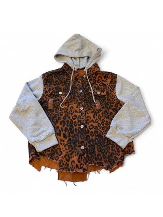 Jackets & Blazers - Leopard Print Hoodie Shacket Jacket Women’s Large Boho Baddie Moto Grunge Brown